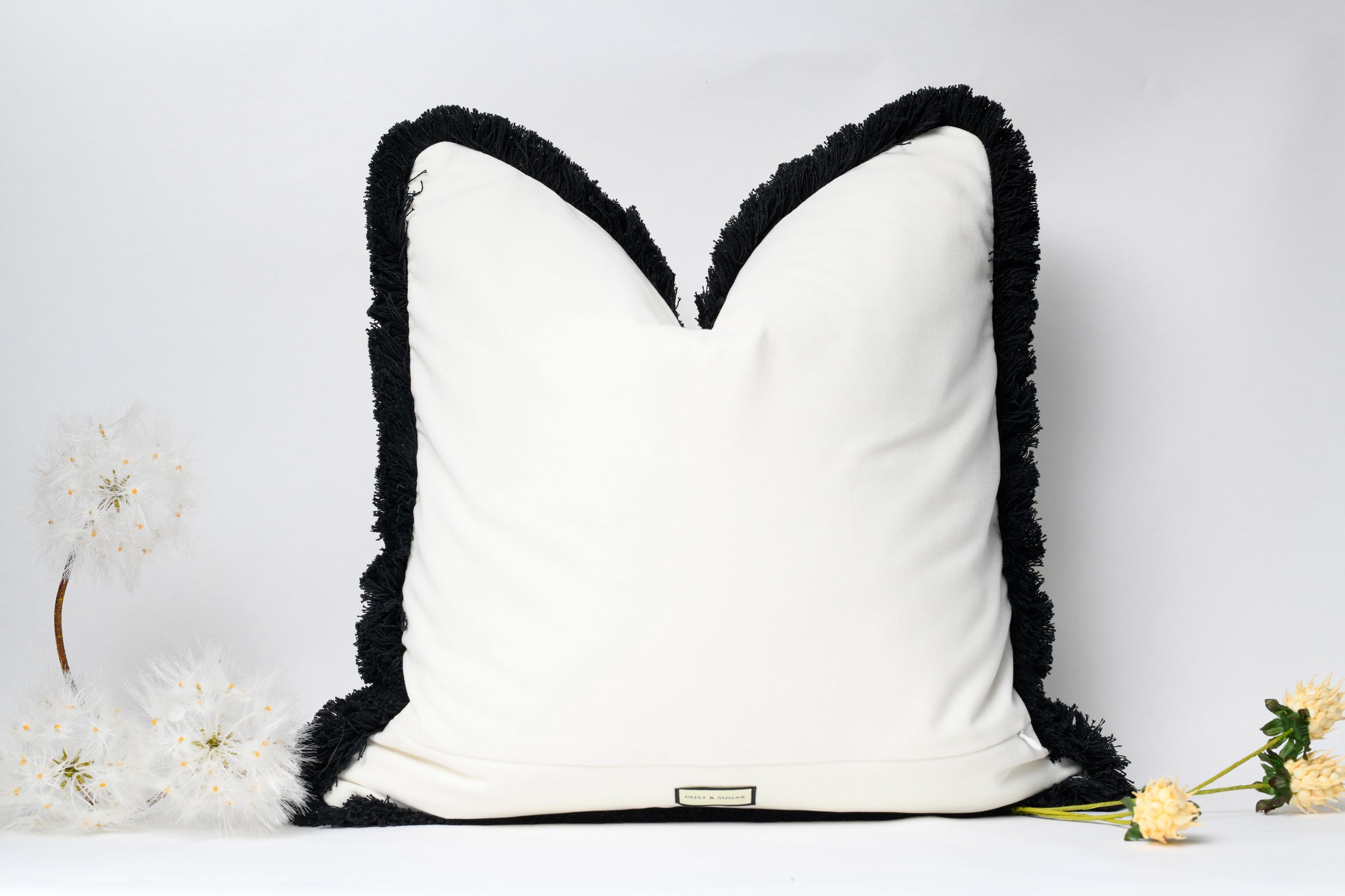 White Velvet Pillow with Black Fringe