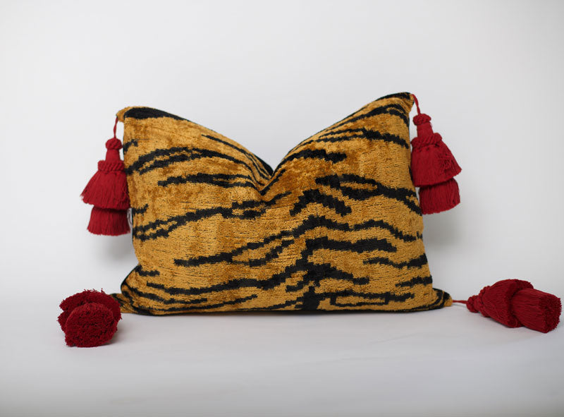 Golden Silk Tiger Pillow with Tassels