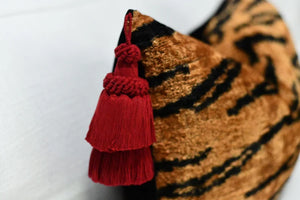 Tiger Silk Velvet Pillow with Oversized Red Tassels