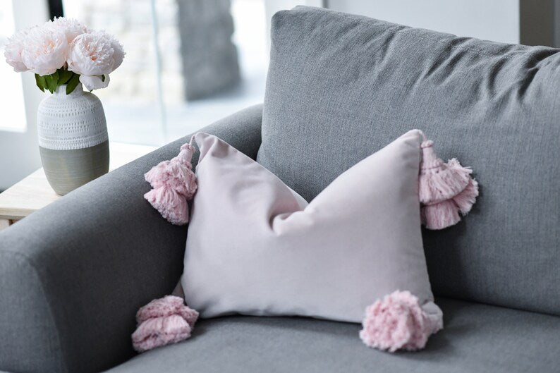Subtle Pink Pillow With Oversized Tassels