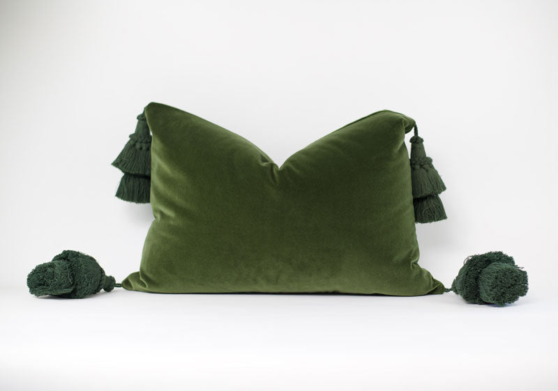 Olive Green Pillow with Handmade Tassels