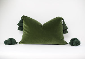 Olive Green Pillow with Handmade Tassels