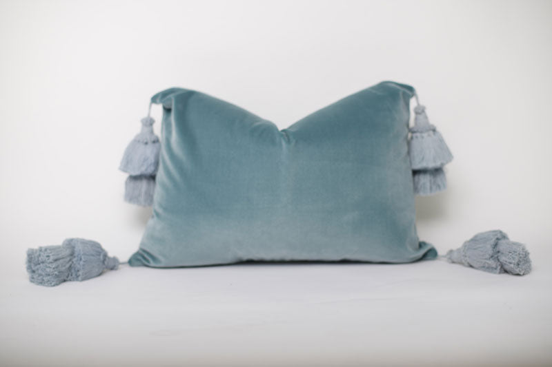 Sky Blue Pillow with Handmade Tassels