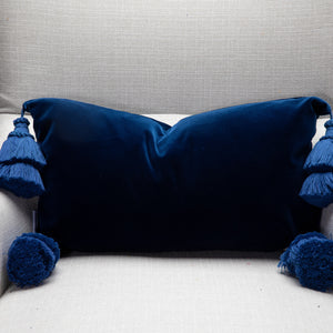 Blue Velvet Pillow Cover With Handmade Tassels